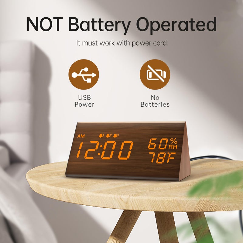JALL Digital Alarm Clock, with Wooden Electronic LED Time Display, 3 Alarm Settings, Humidity & Temperature Detect, Wood Made Electric Clocks for Bedroom, Bedside (Brown) - Image 2